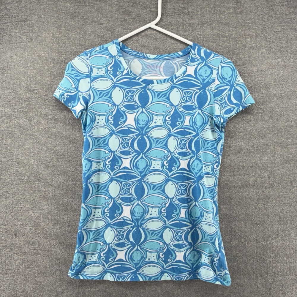 Lilly Pulitzer Karrie Top Women Sz XXS Light Blue Geometric Casual Short Sleeve